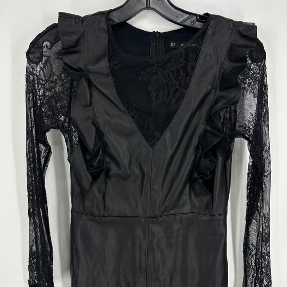 Zara Faux Leather Dress Lace Ruffle Mini Cocktail Sheath Black Sheer Long Sleeve - Picture 4 of 9